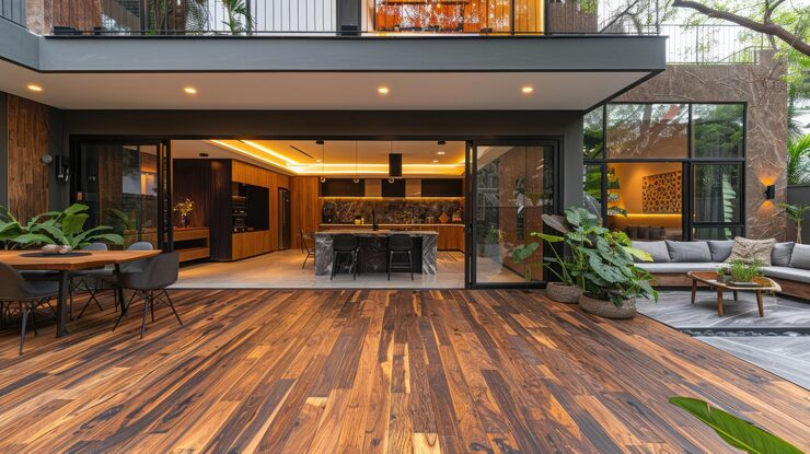 modern house patio with wooden-deck