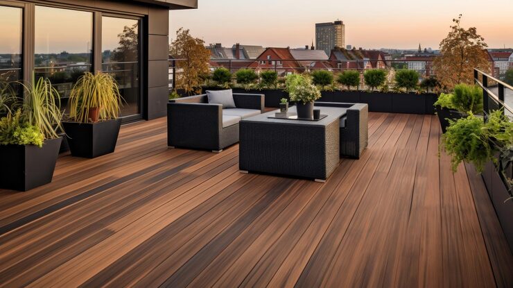 stylish rooftop terrace with dark wood deck flooring
